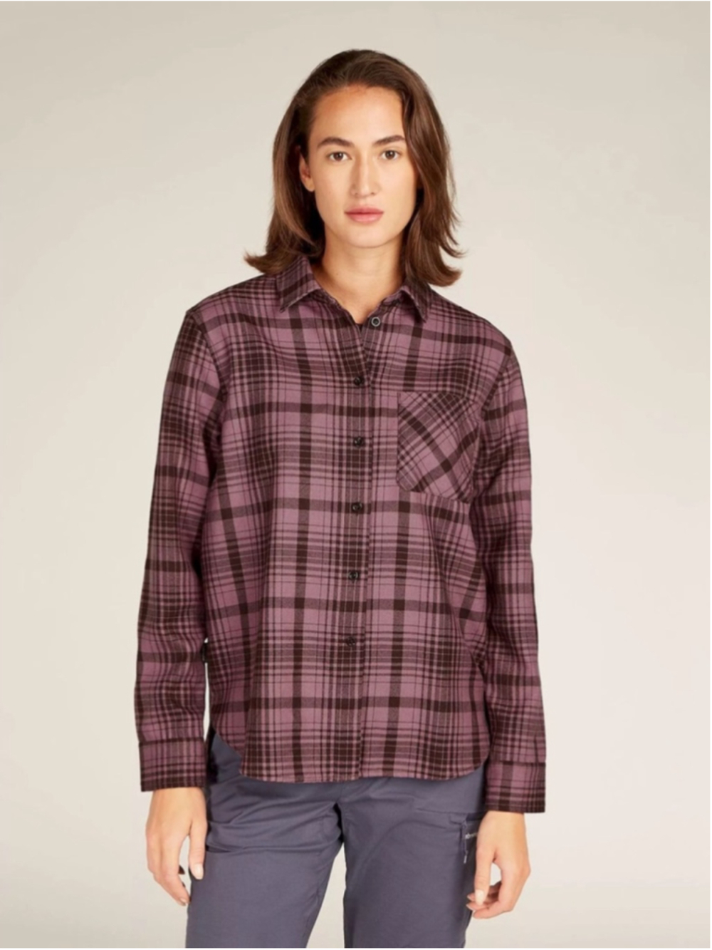 Icebreaker Merino 200 Dawnder LS Flannel Shirt Plaid Small Bittersweet Mauve